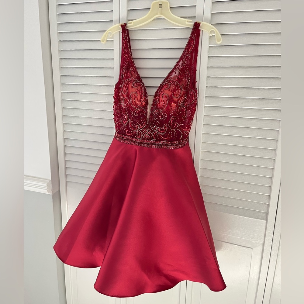 Jovani JVN64206 Burgundy Beaded Top Cocktail Dress